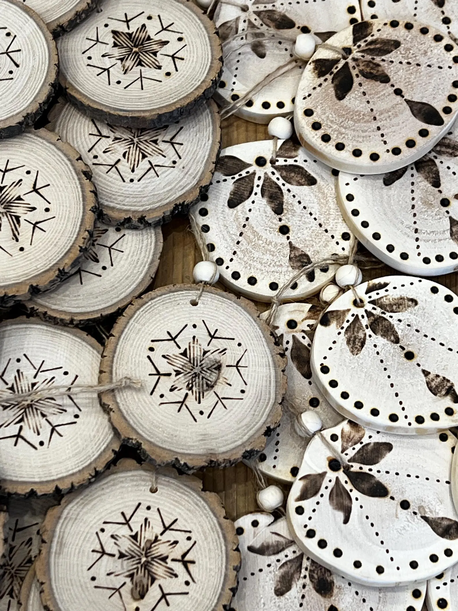 Handcrafted rustic wood burned ornament, 2.25 inches, perfect for holiday decor or gifts, made from upcycled materials.