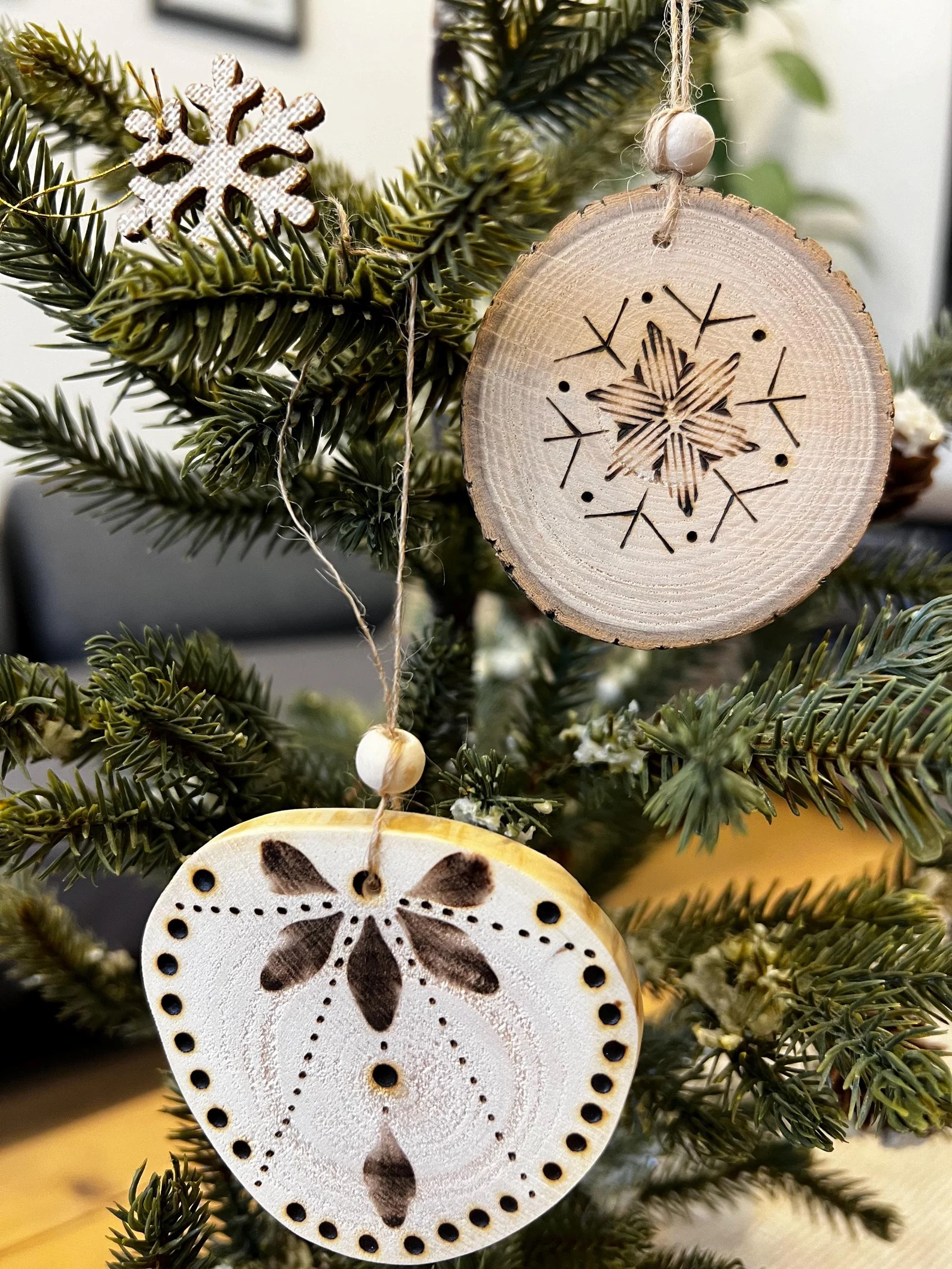 Handcrafted rustic large round wood burned ornament, 2.25 inches, perfect for holiday decorations or gifts, made by Studio27Origins.
